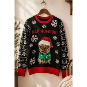 Bah Humbug Pug Ugly Christmas Sweater Jingle Bell Santa Holiday Knit Large